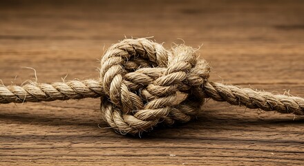 Fototapeta premium Natural Fiber Rope Knot on Wooden Background Concept