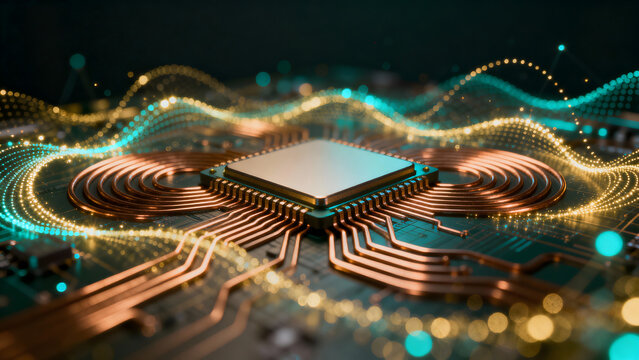 Advanced Technology Circuit Board with Copper Wires and LED Lights - Powered by Adobe
