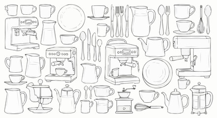 Illustration showcasing a variety of kitchenware including coffee makers teapots and cutlery items arrayed neatly