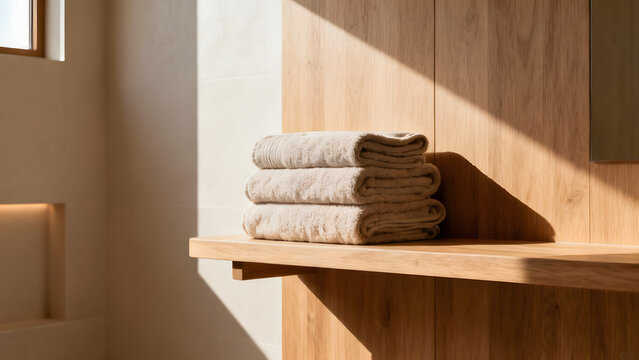 Towels on a Wooden Shelf in a Bathroom