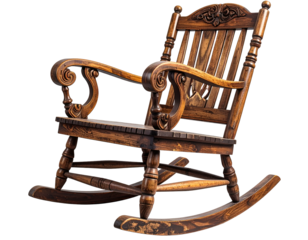 Ornate dark wood rocking chair against a black background