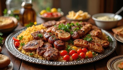 Assorted grilled meats presented on silver plate. Rice, veggies surround meats. Turkish, Arabic cuisine offer culinary delight. Many dishes sit on table. Traditional foods served represent cultural