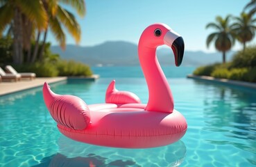 Pink inflatable flamingo floats in crystal blue pool. Tropical beach with palms, mountains. Poolside vacation vibes. Summer holiday relaxation at private villa. Luxury vacation paradise travel