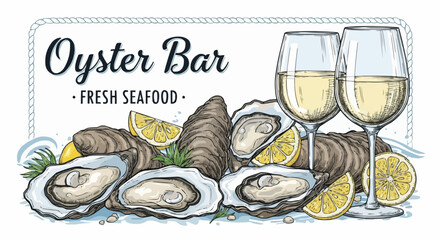 Oysters and wine glasses with lemon slices and fresh seafood advertisement for oyster bar scene