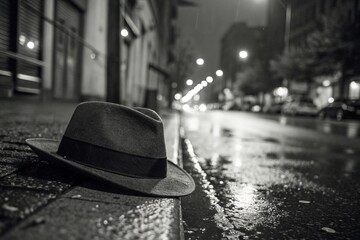 A fedora hat lies on the wet curb of a city street at night, illuminated by streetlights