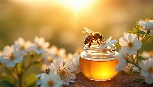 Bee sits on flower near jar with honey. Floral composition with insect, honey jar and field blooms, bright sunrise on background. Food concept. Sweet honey product from bee on flowers.