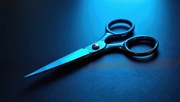 Metallic blue scissors rest on dark textured surface under cool blue light. Sharp cutting tool lies still life, macro shot for design or art.