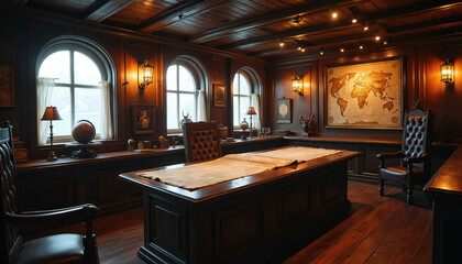 Captain ship cabin room with wooden desk featuring large map and globe. Nautical decor includes chairs, lamps, and a world map on wall. Seafaring adventure awaits in this vintage maritime interior.