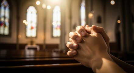 Hands joined in solemn prayer, reflecting deep religious conviction and personal faith, finding peace within a sacred church, embracing spiritual reverence and devotion.