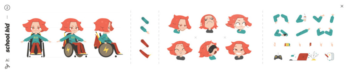Handicapped Gamer Girl Character Animation Kit with Wheelchair, Interchangeable Arm Parts, Six Emotions, Front and Side Views, Cute School Cartoon Vector Set for Study and Creative Projects