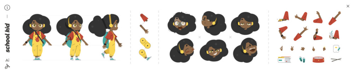 School Drummer Character Kit for Animation with Interchangeable Poses, Emotions and Hand Parts. Beautiful Girl in Cartoon Design for Creative Educational Projects