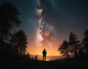 Fototapeta premium Lone man stands on grassy hill at night looking at vibrant Milky Way galaxy. Starry sky overhead with orange glow on horizon. Pine trees silhouette foreground.