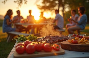 Family and friends gather for outdoor barbecue dinner at sunset. People share food, drinks, and laughter around a table with grilled meat and fresh vegetables. Warm evening light.