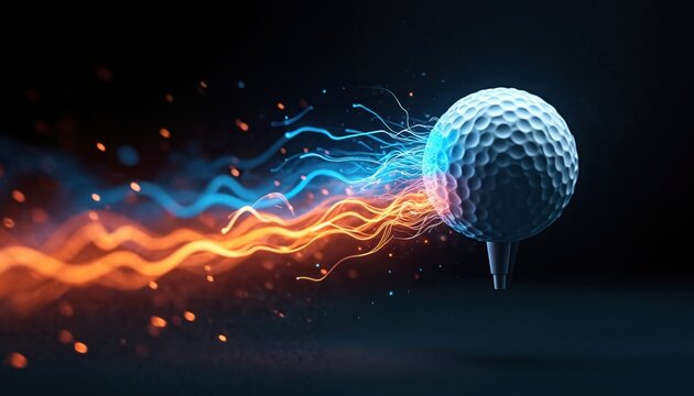 Dynamic golf ball sits on tee with bright glowing energy trails. Blue, orange light streaks show high speed, power, movement. Abstract tech concept for sport data analytics, future performance - Powered by Adobe