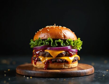 Delicious double cheeseburger stands on rustic wood board. Features two beef patties, melted yellow cheese, fresh lettuce, red onion rings, rich ketchup sauce on sesame seed bun. Satisfying, ready to