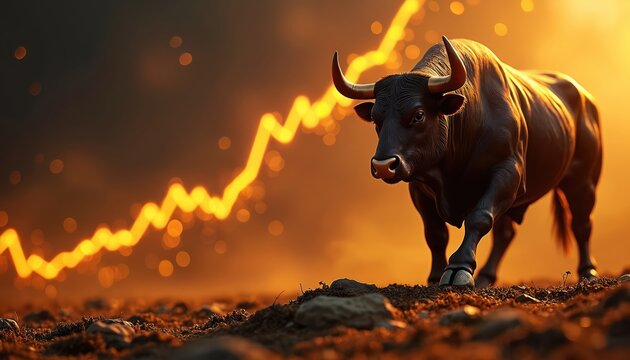 Strong bull walks on dry, dark ground. Bright, glowing yellow trend line rises sharply behind. Clearly illustrates powerful bullish market finance investment growth, economic success. Global wealth,