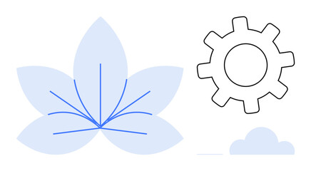 Light blue flower petals with abstract lines, mechanical gear, and simple cloud. Ideal for innovation, balance, nature, technology, creativity systems digitalization. Minimalist design and simple