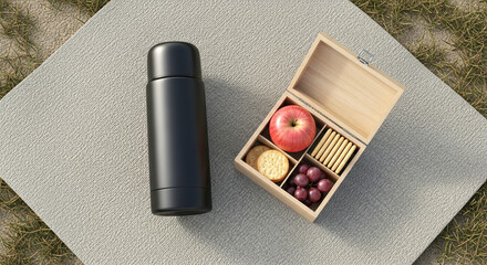 Picnic setup with thermos and snacks on woven mat featuring fresh apple, grapes, and crackers in wooden box. Picnic includes a thermos for beverages and a snack box for outdoor enjoyment.