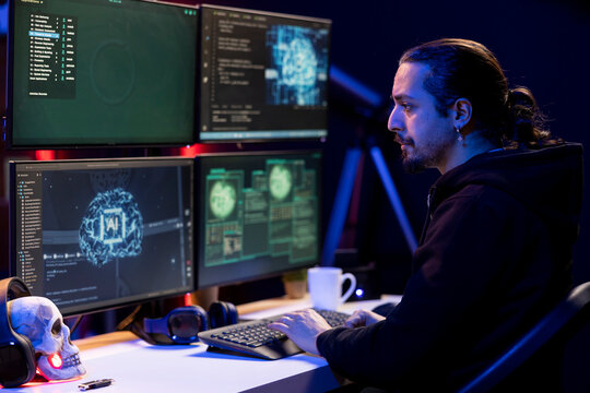 Hacker in underground lair using AI to break into secure computer systems and bypass security. Rogue software developer uses machine learning to attack weak spots in company networks