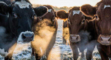 Cows with steam breath in the cold morning on frosty pasture. Close-up of cattle exhaling visible breath in winter scenery, showcasing farm life and livestock interaction.