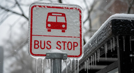 Frozen bus stop sign covered in ice and snow, indicating bus transportation in a winter setting. Winter weather creates changes in travel routine