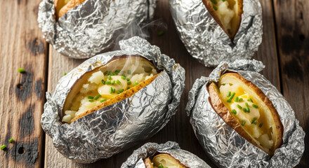 Baked potatoes in foil with creamy filling and chives on rustic wooden table. Delicious baked potatoes wrapped in aluminum foil serve as a comforting side dish.