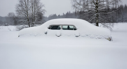 Car buried in snow surrounded by winter landscape, old vehicle covered white snow with only windows visible.