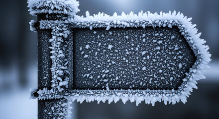 Frosted metal signpost covered in ice crystals and snow in winter landscape. Icy signpost reflects cold weather conditions in outdoor setting. Ideal backdrop for winter themes and seasonal projects.