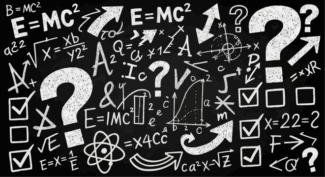 Blackboard filled with mathematical equations and symbols with question marks and check marks all around