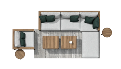 Seating arrangement top view sofa, chair, tables