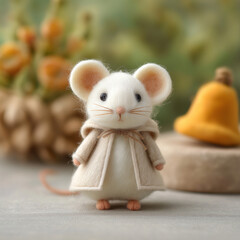 Felted white mouse wearing coat standing on table