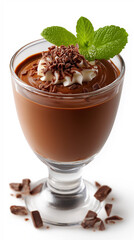 Chocolate mousse dessert served in glass with mint and shavings