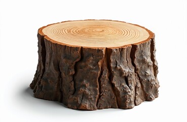 Fresh cut tree stump stands alone. Brown bark shows rough texture. Top surface displays wood rings, natural grain. Raw log piece solid timber on white backdrop. Represents nature strength, forest