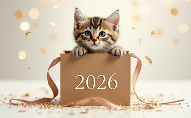 Adorable kitten cat peaking out of a gift box with the number 2026. Festive illustration with golden bokeh and confetti for New Year's celebration.