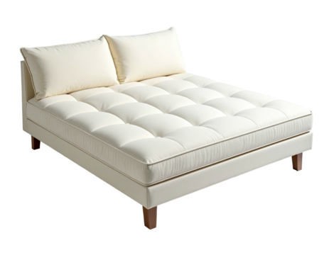 Ivory daybed tufted mattress, two pillows, wooden legs