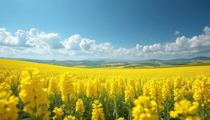 Vibrant rapeseed blossoms in agriculture field under cloudy sky. Yellow flowers bloom in spring. Meadow with canola against blue sky backdrop. Countryside landscape with floral field and horizon.