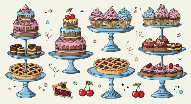 Illustration of various desserts including cakes, cupcakes and pies on stands in a bakery setting