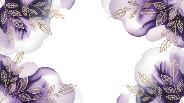 Elegant watercolor purple and gold frame , Luxury wedding invitation background design , Abstract floral corner splash template - Powered by Adobe