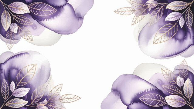 Elegant purple watercolor floral frame , Abstract violet gold leaf wedding background , Luxury lavender texture blank template , Aquarelle plum flower nature corner design 