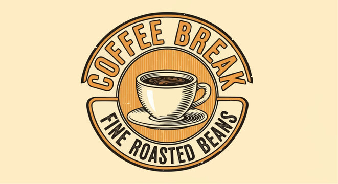 Illustration of a coffee break logo with a cup of coffee and the words fine roasted beans around it