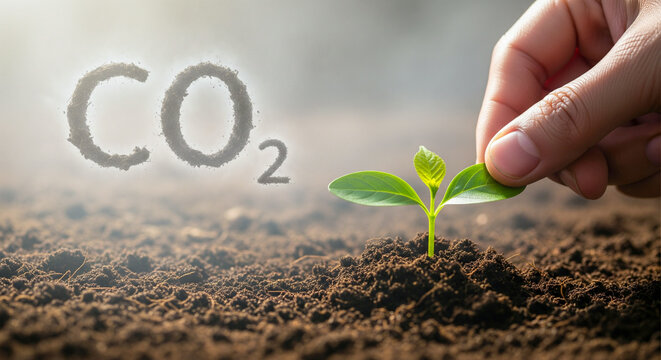 a hand gently tends a young plant in rich soil as a faint CO2 symbol floats nearby, symbolizing environmental responsibility, green growth, and hopes for cleaner air through sustainable practices