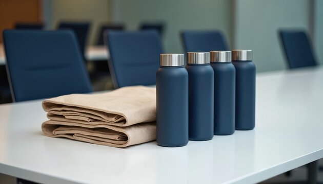 Modern conference table displays stylish water bottles, eco-friendly bags. Workspace setup promotes hydration, sustainable practices within professional environment. Suggests teamwork, corporate