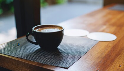 Black Coffee Cup on a Wooden Table with Coasters in a Cozy Interior Setting