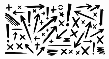 Collection of hand drawn black arrows crosses exclamation marks and other symbols on a white background