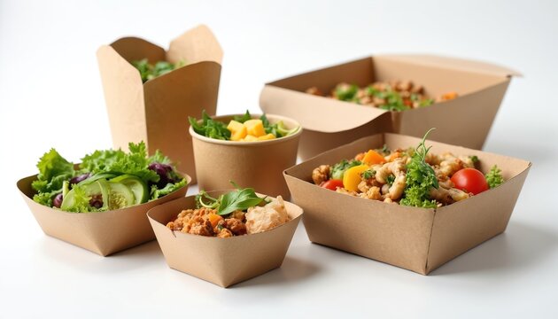 Assorted fresh meals served in eco-friendly cardboard take-out containers. Various healthy salads, main courses with colorful vegetables, diverse snacks fill brown disposable boxes. Sustainable food