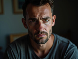 Fototapeta premium Dramatic and intense portrait of a serious, bearded man looking straight into the camera with a concentrated expression under low-key lighting.