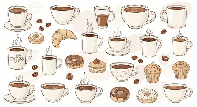 Illustration of various coffee cups with coffee beans and assorted pastries on a white background