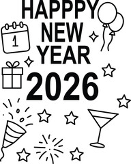 Happy new year 2026 celebration line art illustration featuring calendar, gift, balloons, stars, party popper, firework, and cocktail glass