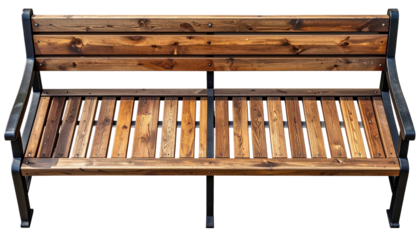 Wooden park bench with dark metal frame, isolated