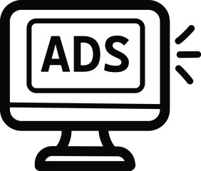 Computer monitor displaying ads text, representing digital advertising, online marketing, and promotional content on a screen
